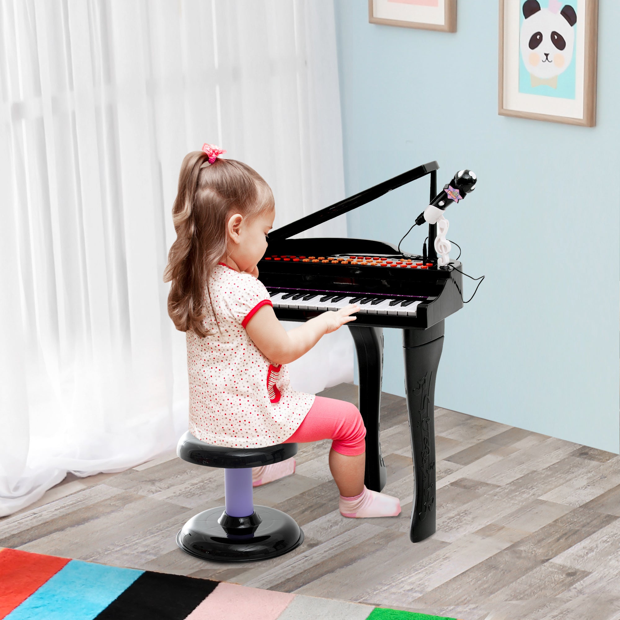 HOMCOM 37 Keys Kids Mini Electronic Keyboard Children Grand Piano with Stool Microphone Light Musical Instrument Educational Game Toy Set (Black) 