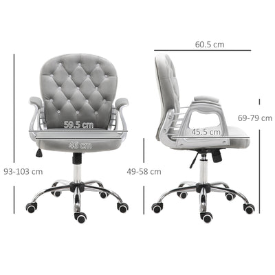 Vinsetto Office Chair, Swivel Desk Chair, Velvet Vanity Chair with Adjustable Height and Rolling Wheels for Home Work Study, Grey 