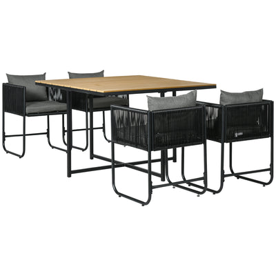 Outsunny 4 Seater Rattan Cube Garden Furniture Set, Rattan Dining Set with Cushions, Outdoor Dining Table and Chairs with Rectangular Wood Grain Plastic Top Table for Patio, Balcony, Black 