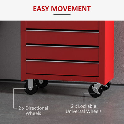 HOMCOM 5 Drawer Tool Chest on Wheels, Lockable Steel Tool Trolley with Side Handle for Workshop, Garage, Red 
