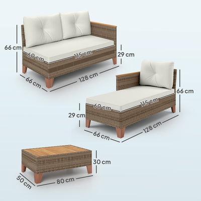 Outsunny 3 Pieces Rattan Garden Furniture Set, L Shaped Garden Conversation Chaise Lounge Furniture with Wood Top Coffee Table and Thick Cushions, Cream 