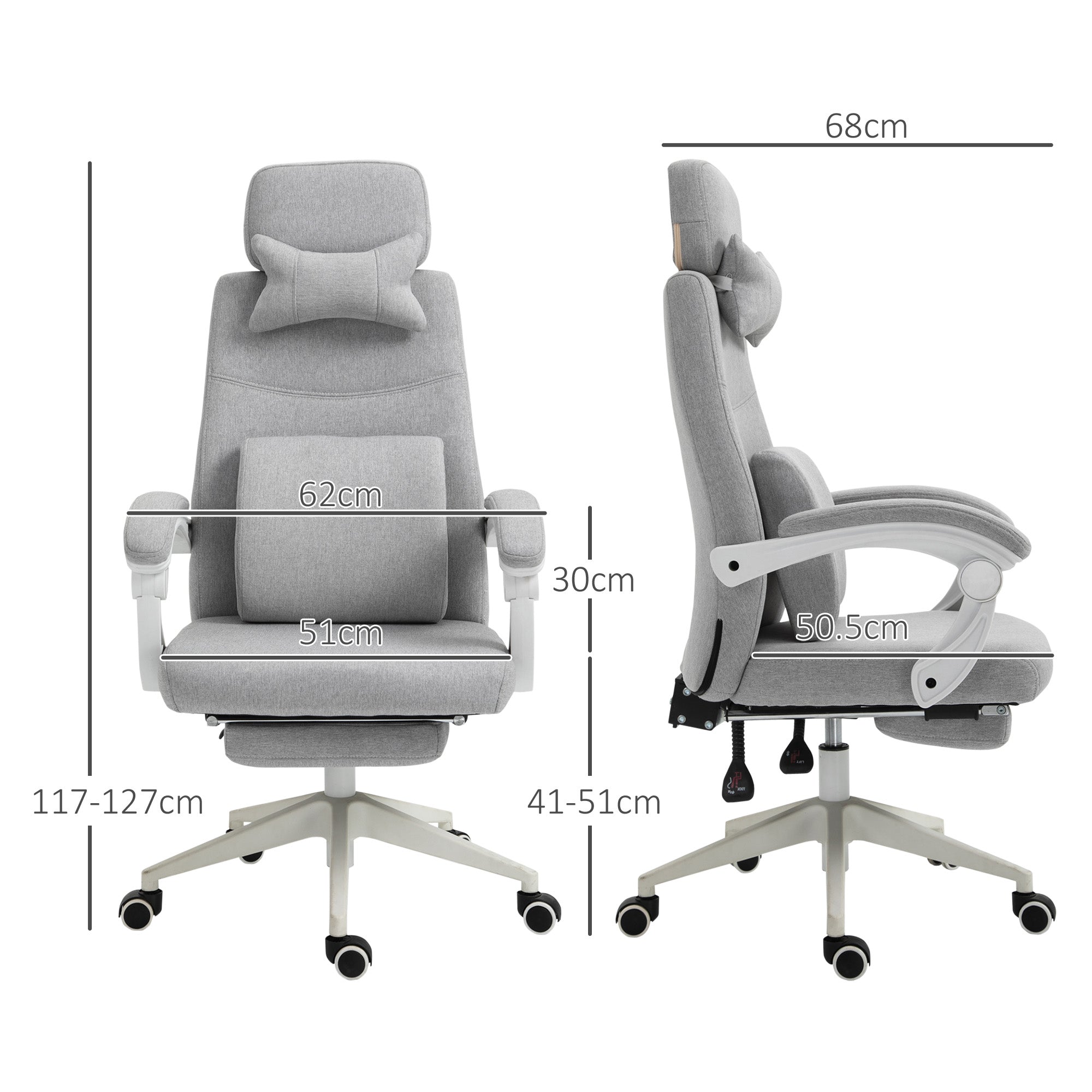 Vinsetto Office Chair, Ergonomic Desk Chair, High Back Fabric Work Chair with 160\'c2\'b0 Reclining Backrest, Retractable Footrest, Neck and Lumbar Pillow for Home and Study, Grey