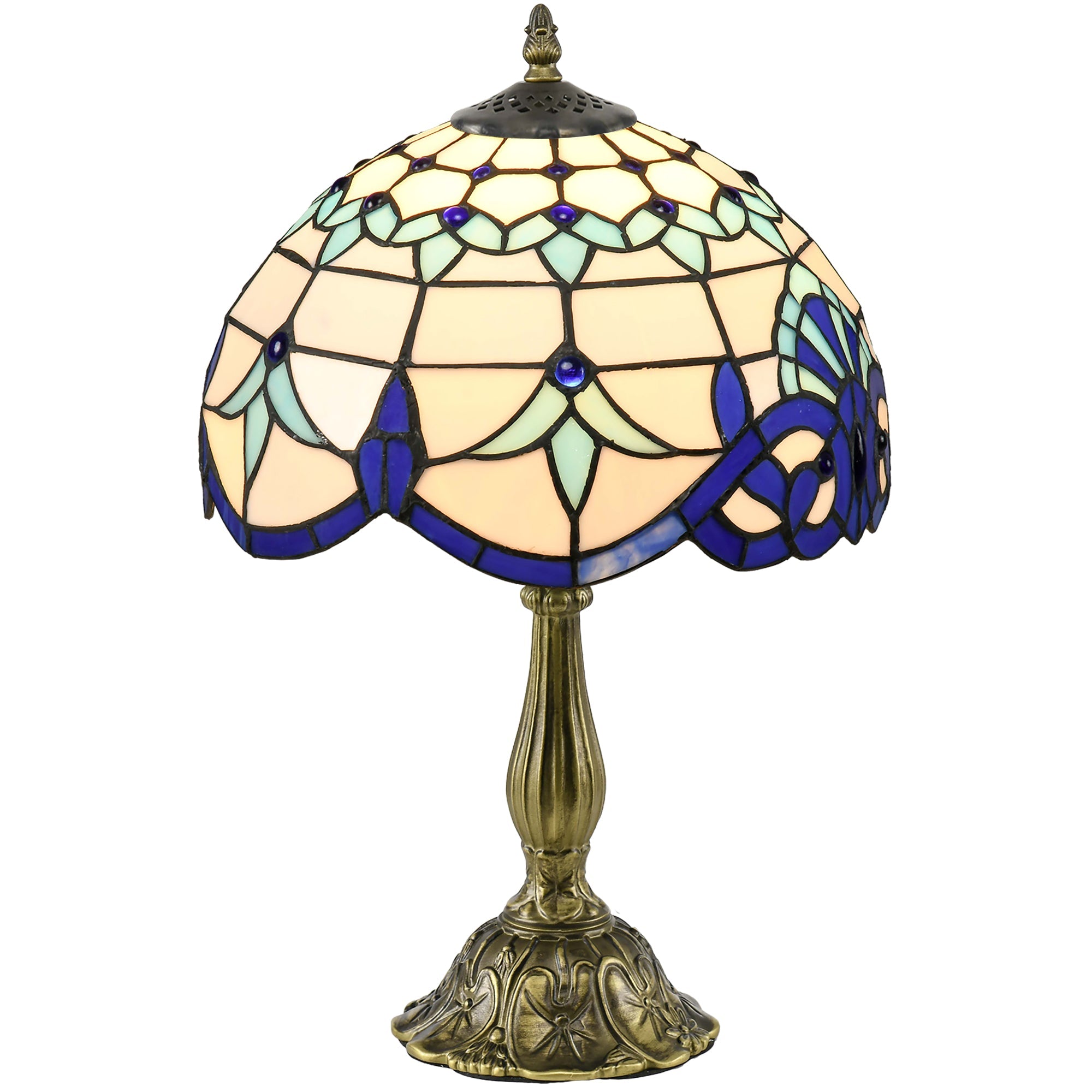 HOMCOM Stained Glass Table Lamp, Handmade Antique Bedside Lamp for Bedroom, Living room, Home, Nightstand, Decorative Night Light, Blue 