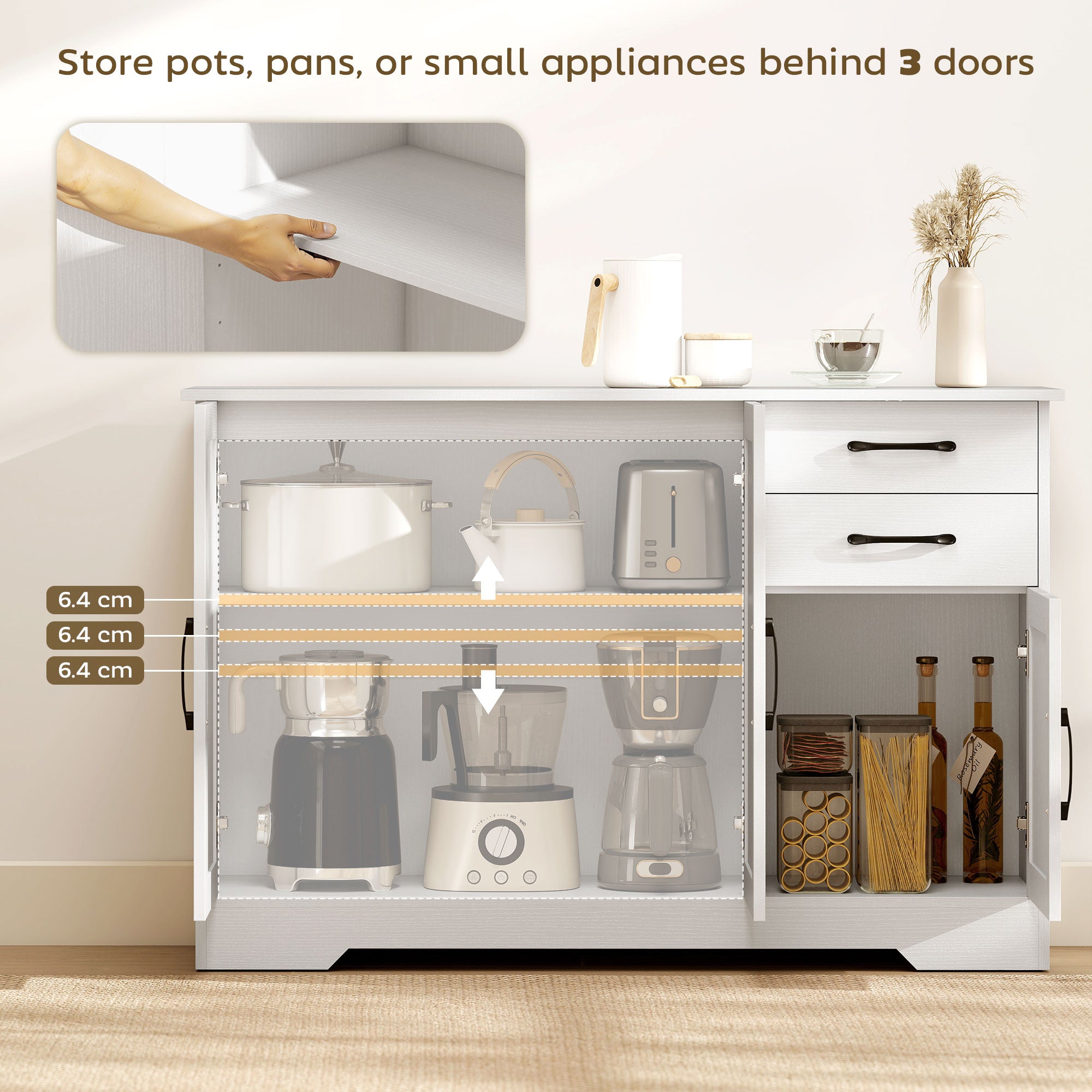 HOMCOM Sideboard with 2 Drawers Modern Storage Cabinet, Kitchen Cupboard with Adjustable Shelf and 3 Doors White 