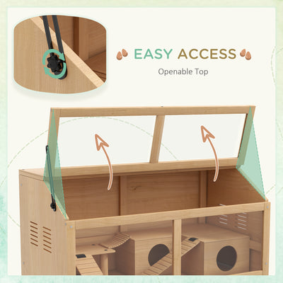 PawHut Hamster Cage, Wooden Small Animal Cage for Gerbils, Mice w/ Suspension Bridge, Openable Top, Hut, 85 x 45 x 44cm Nature 