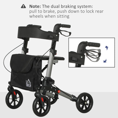 HOMCOM 4 Wheel Rollator with Seat and Back, Folding Mobility Walker with Carry Bag, Adjustable Height, Dual Brakes, Cane Holder, Lightweight Aluminium Walking Frame for Seniors and Disabled, Silver 