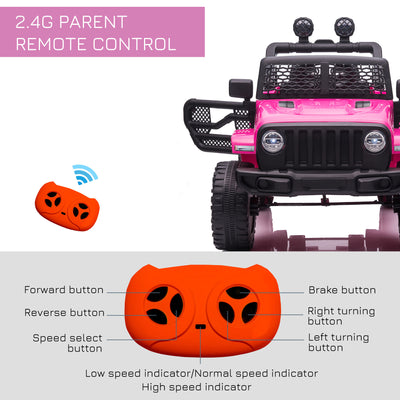 HOMCOM Kids Electric Ride On Car 12V Off Road Toy with Parental Remote Control 2 Motors Horn Lights Suspension Wheels for 3-6 Years Old Pink 