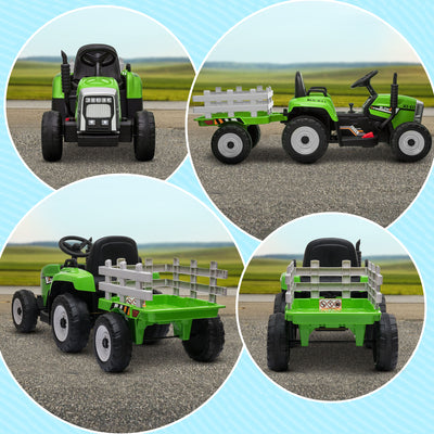 HOMCOM Ride On Tractor, Battery Powered Electric Car, with Detachable Trailer, Remote Control, Music - Green 