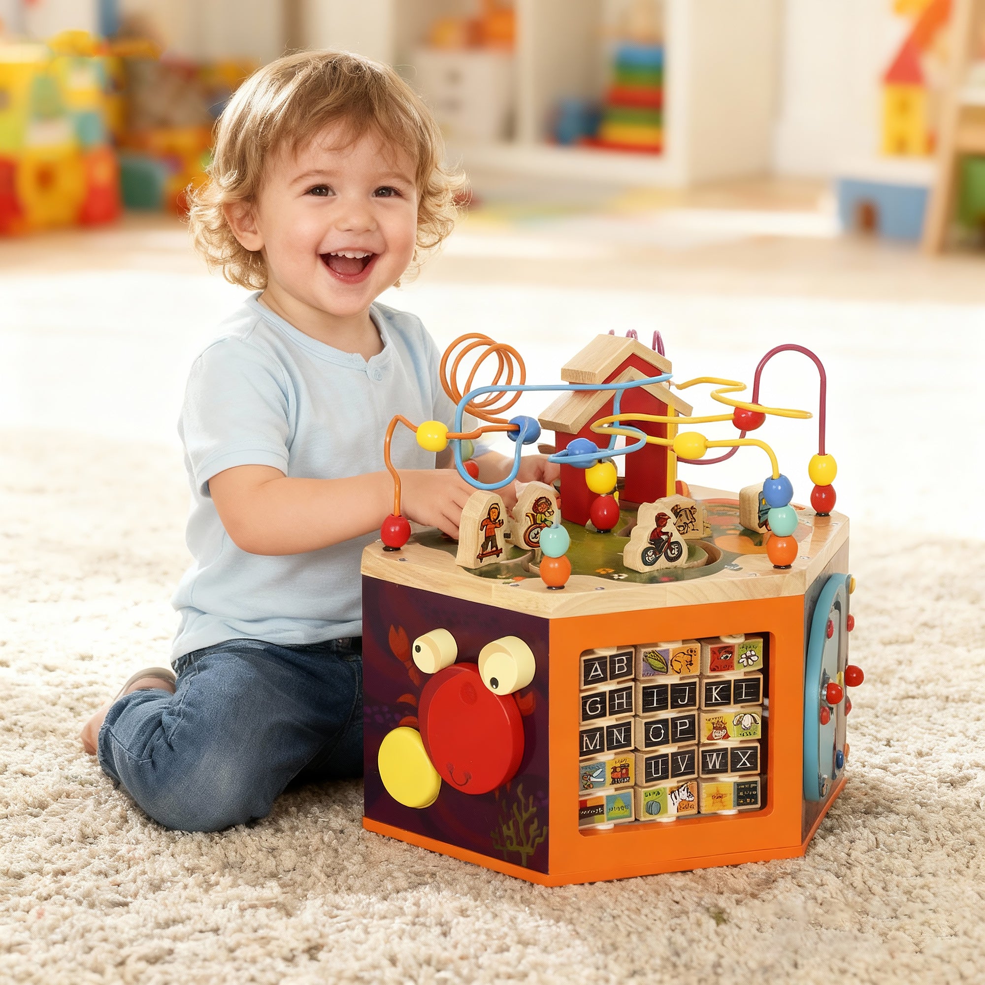 AIYAPLAY 8 in 1 Wooden Activity Cube with Bead Maze, Shape Sorter, for Kids Boys Girls 18+ Months 
