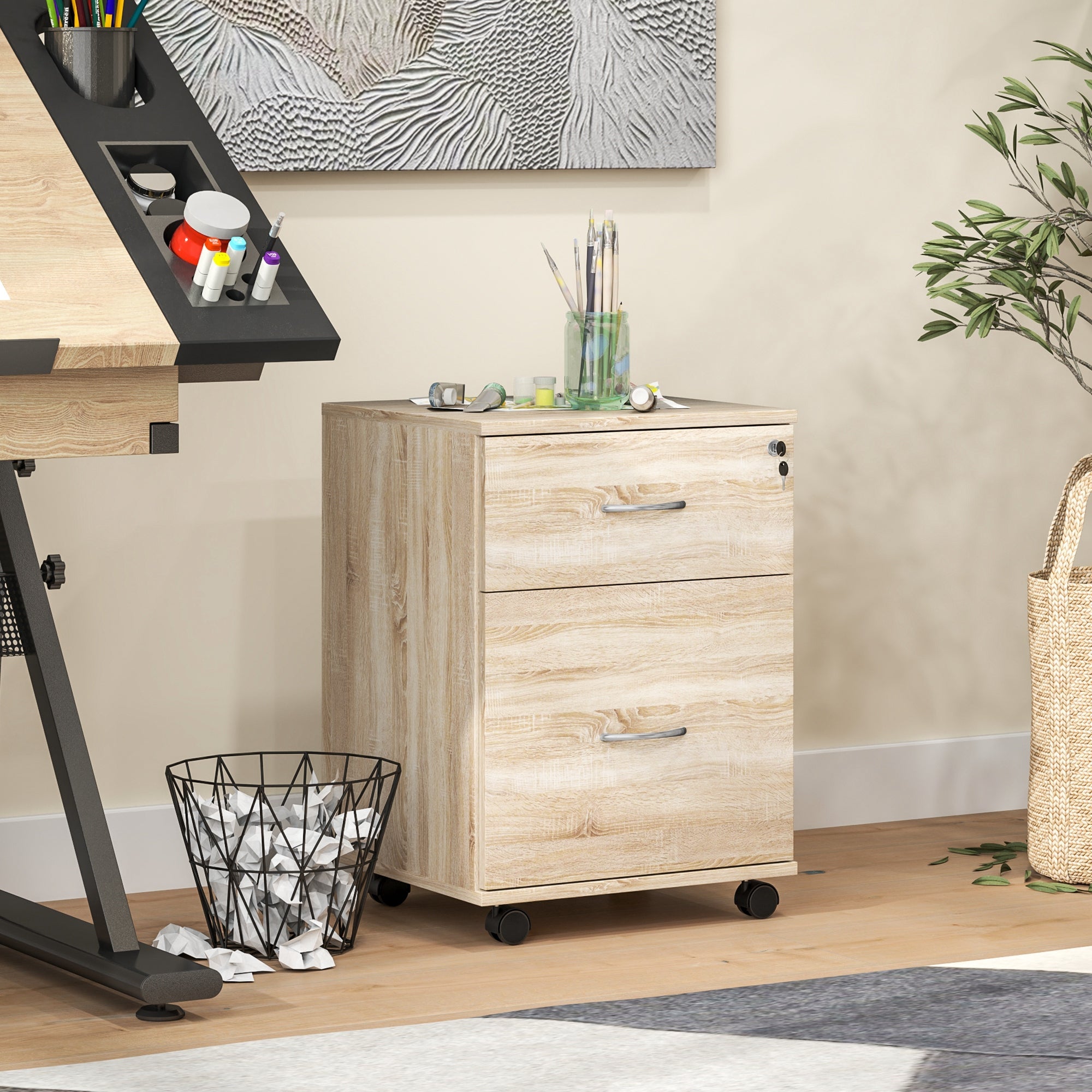 HOMCOM Two Drawer Lockable Filing Cabinet - Wood-Effect 