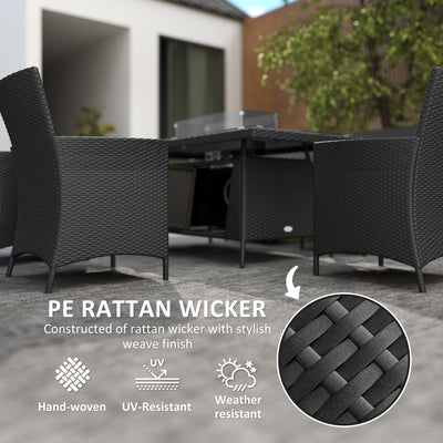 Outsunny 7 Pieces Outdoor Rattan Garden Furniture with Fire Pit Table, 6 Seater Garden Table and Chairs with Cushions, Rattan Dining Set with Propane Heater Table, Windscreen, 50,000 BTU, Black 