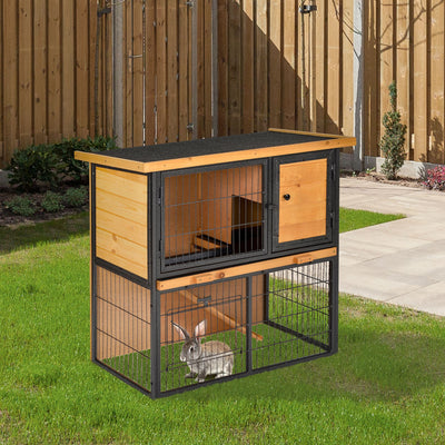 PawHut Guinea Pig Hutch Rabbit Hutch Wood-metal Elevated Pet House Bunny Cage with No-Leak Tray Ramp Openable Roof Outdoor 89.5 x 45 x 81cm Light Yellow 