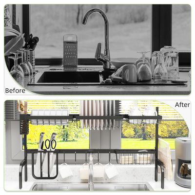 HOMCOM Space Saving 2 Tier Adjustable Dish Drainer Over The Sink Dish Drying Rack, Black 