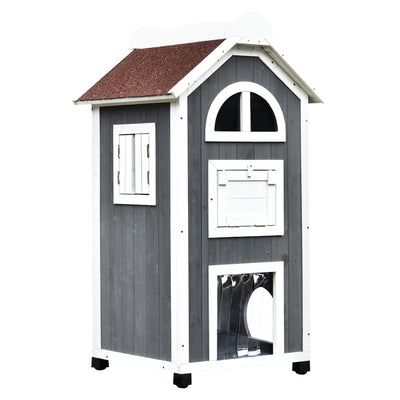 PawHut Wooden Cat House, Weatherproof Pet Shelter, Outdoor Cat Condos Cave, 2 Floor Furniture, Grey and White 