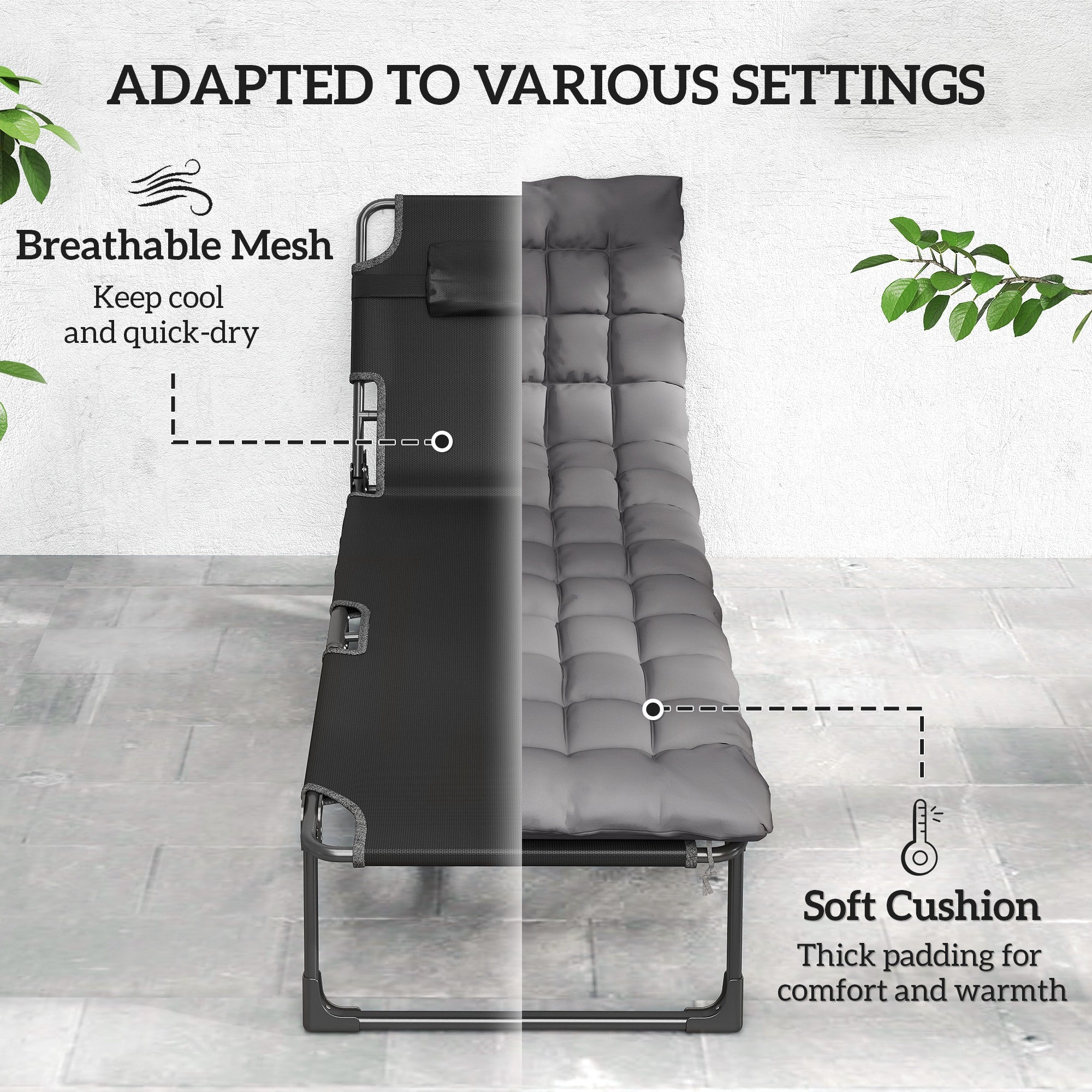 Outsunny Folding Sun Loungers for Garden Set of 2, 5-Position Oversized Camping Bed Recliner with Cushions, Dark Grey 