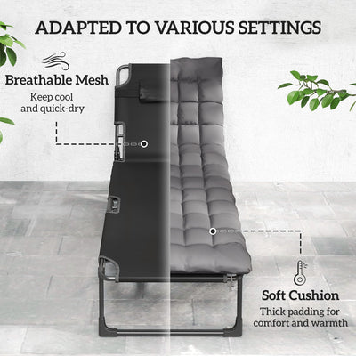 Outsunny Folding Sun Loungers for Garden Set of 2, 5-Position Oversized Camping Bed Recliner with Cushions, Dark Grey 
