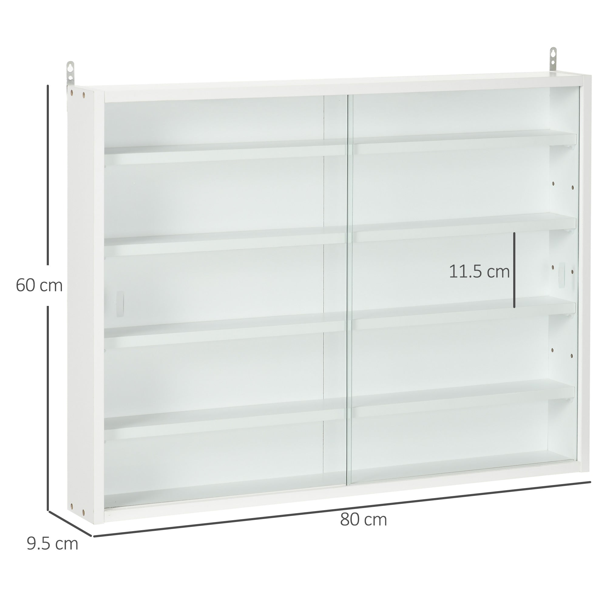 HOMCOM 5-Tier Wall Display Shelf Unit Cabinet w/ 4 Adjustable Shelves Glass Doors Home Office Ornaments 60x80cm White 