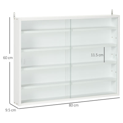 HOMCOM 5-Tier Wall Display Shelf Unit Cabinet w/ 4 Adjustable Shelves Glass Doors Home Office Ornaments 60x80cm White 