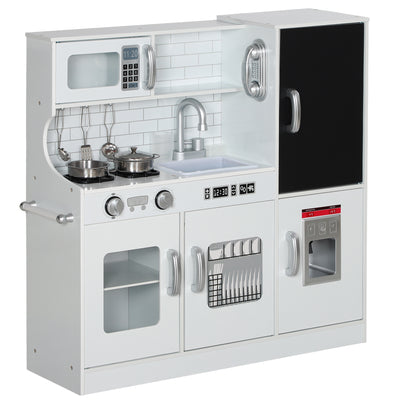 AIYAPLAY Pretend Play Kitchen, Kids Kitchen Playset, with Toy Phone, Chalkboard, Microwave, Cooking Stove, Sink, White 