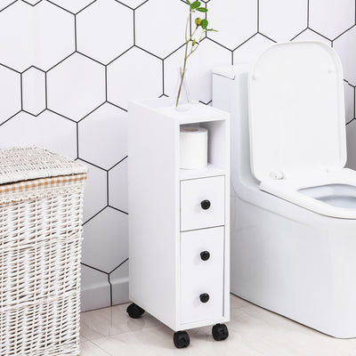 kleankin Slimline Bathroom Storage Unit w/ 2 Drawers 2 Open Compartments Wheels Handles Freestanding Compact Home Office Furniture White 