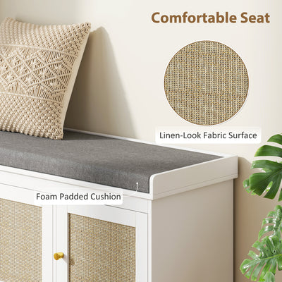 HOMCOM Shoe Storage Bench with Woven Rattan Doors, Seat - White 