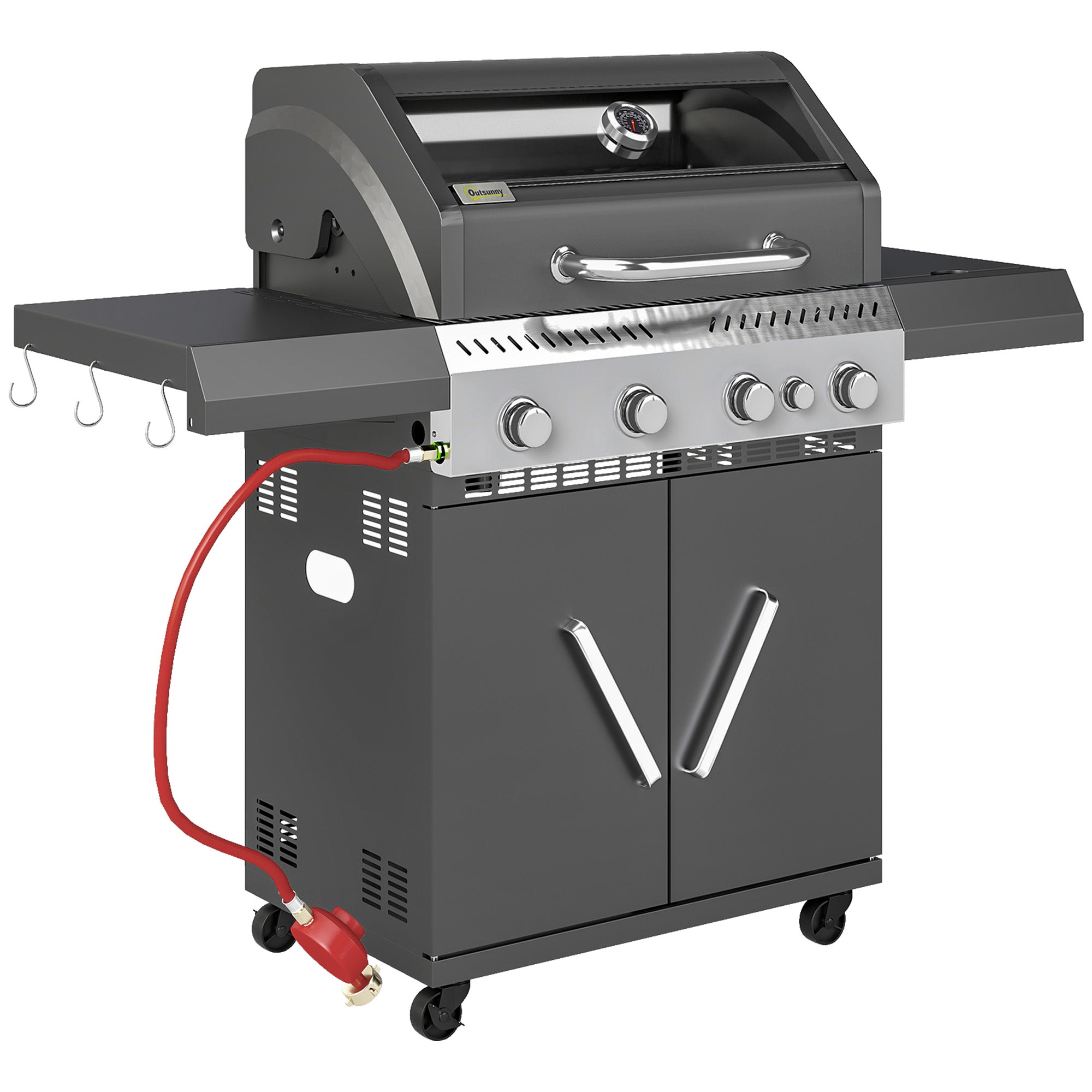 Outsunny 4+1 Burner Gas BBQ Grill with Clear View Lid, Portable Gas Barbecue Grill with Built-in Thermometer, Side Table, Cabinet, Wheels, Grease Tray for Garden Party Outdoor Cooking, Black 