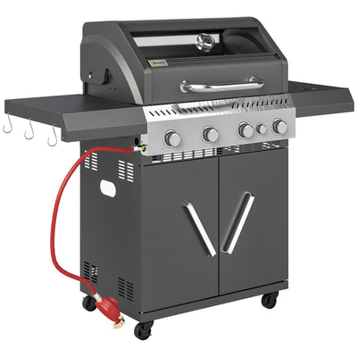 Outsunny 4+1 Burner Gas BBQ Grill with Clear View Lid, Portable Gas Barbecue Grill with Built-in Thermometer, Side Table, Cabinet, Wheels, Grease Tray for Garden Party Outdoor Cooking, Black 