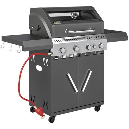Outsunny 4+1 Burner Gas BBQ Grill with Clear View Lid, Portable Gas Barbecue Grill with Built-in Thermometer, Side Table, Cabinet, Wheels, Grease Tray for Garden Party Outdoor Cooking, Black 