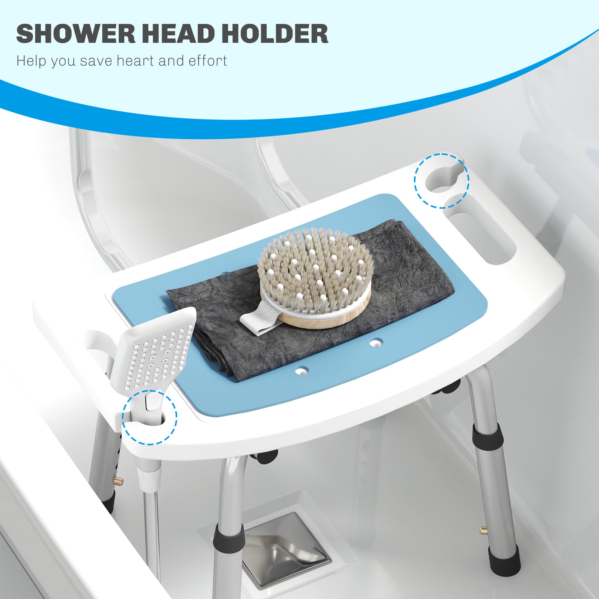 HOMCOM Shower Stool with Backrest, Height Adjustable Shower Chair with Anti-slip Foot Pads, Shower Head Holder, Light Blue 