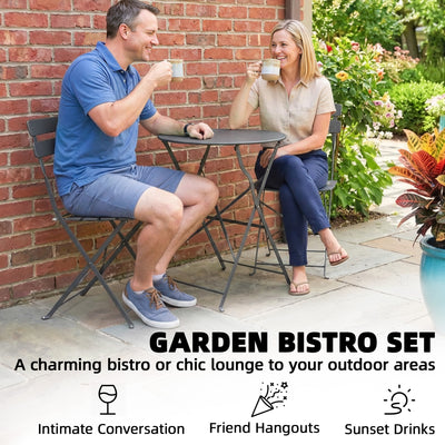 Outsunny Folding Garden Bistro Set, Outdoor Round Bistro Table and Chairs Set 2 with Electrophoresis Metal Frame, Grey 