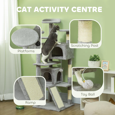 PawHut 138cm Cat Tree, Multi-Level Cat Tower with Scratching Posts and Pad, Bed, Condos, Platforms, Toy Balls, Light Grey 