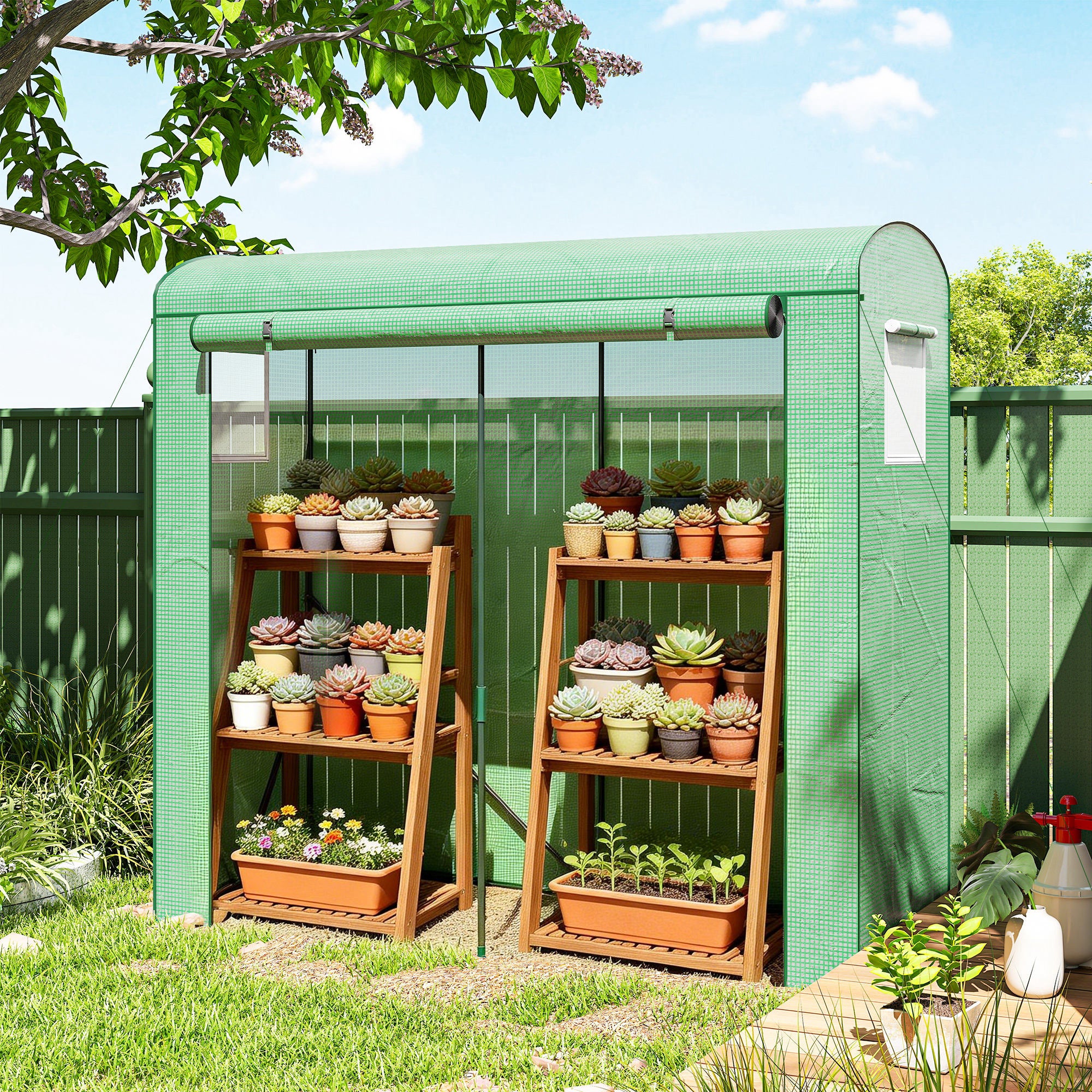 Outsunny Mini Greenhouse, Garden Tomato Growhouse with Roll-Up Door and 2 Mesh Windows, PE Cover, 200 x 75 x 188 cm, Green 