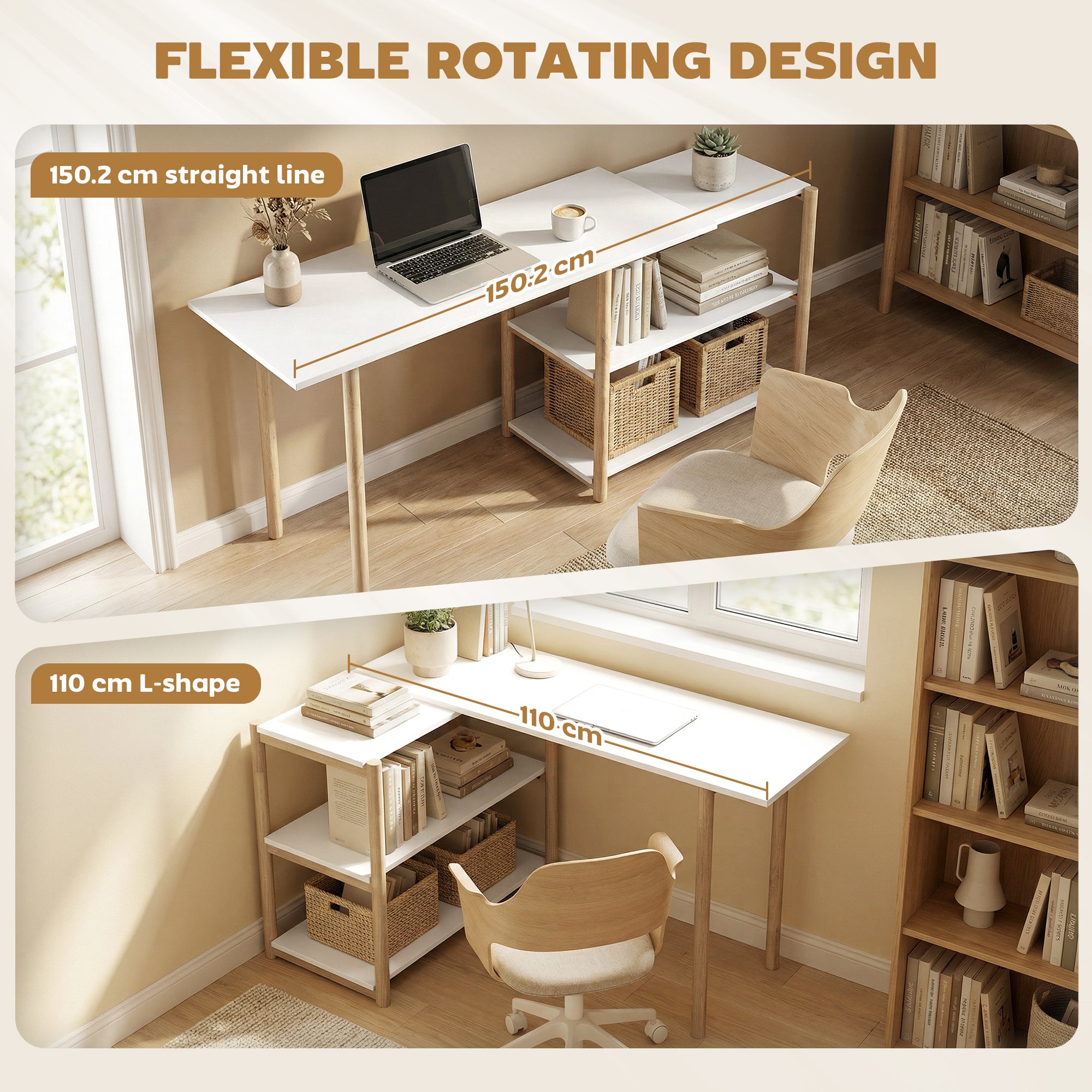 HOMCOM Computer Desk with Storage Shelves Modern Writing Desk Bamboo Frame for Home Office 150 cm White and Oak 