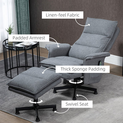 HOMCOM Swivel Recliner Chair and Footstool, Upholstered Massage Recliner Armchair with Remote Control, Timer and Steel Base, Grey 