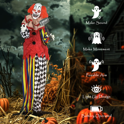 Outsunny 173 cm Life Size Halloween Animated Standing Clown & Hammer with Red Light Up Eyes, Sound Activated Moving Arms & Head, Scary Clown Halloween Decorations, Battery Operated, Indoor Party Props 