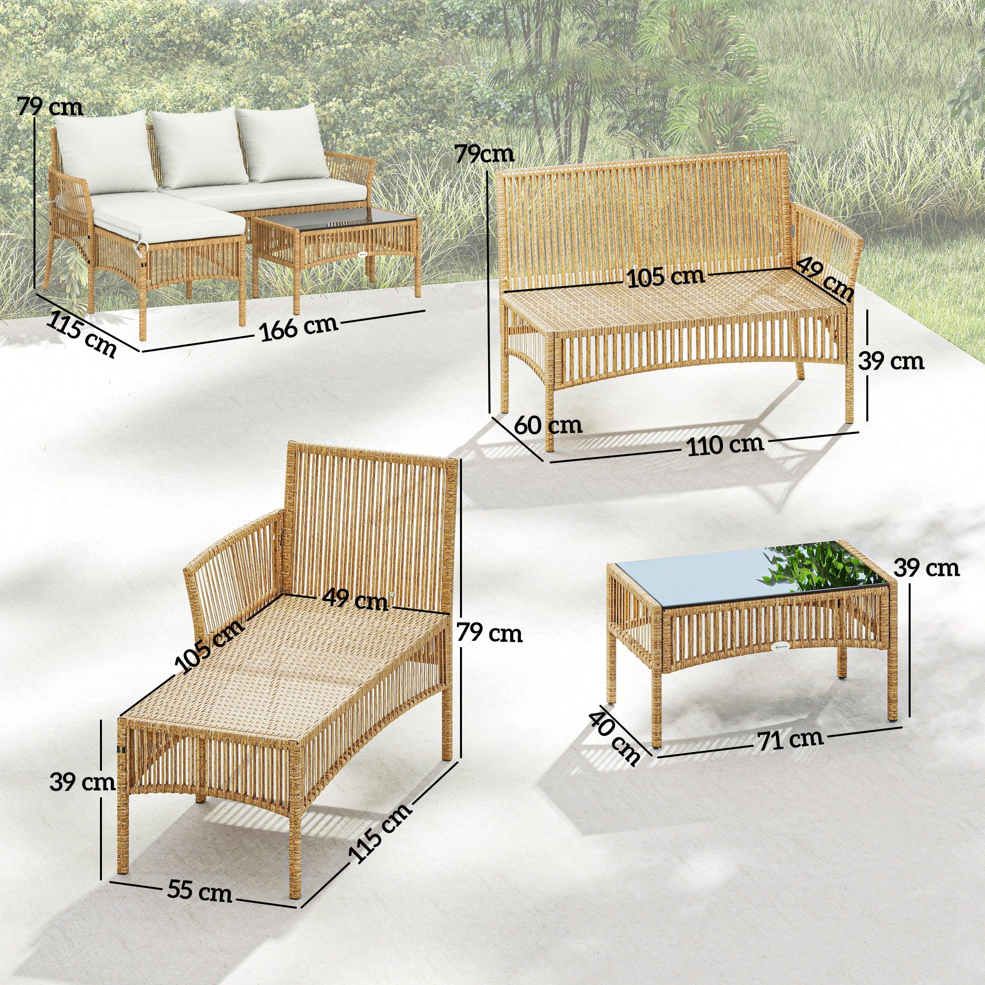 Outsunny 3 Piece Rattan Garden Furniture Corner Sofa Set with Chaise Lounge, Loveseat, Glass Coffee Table, Cushions, Natural Wood 