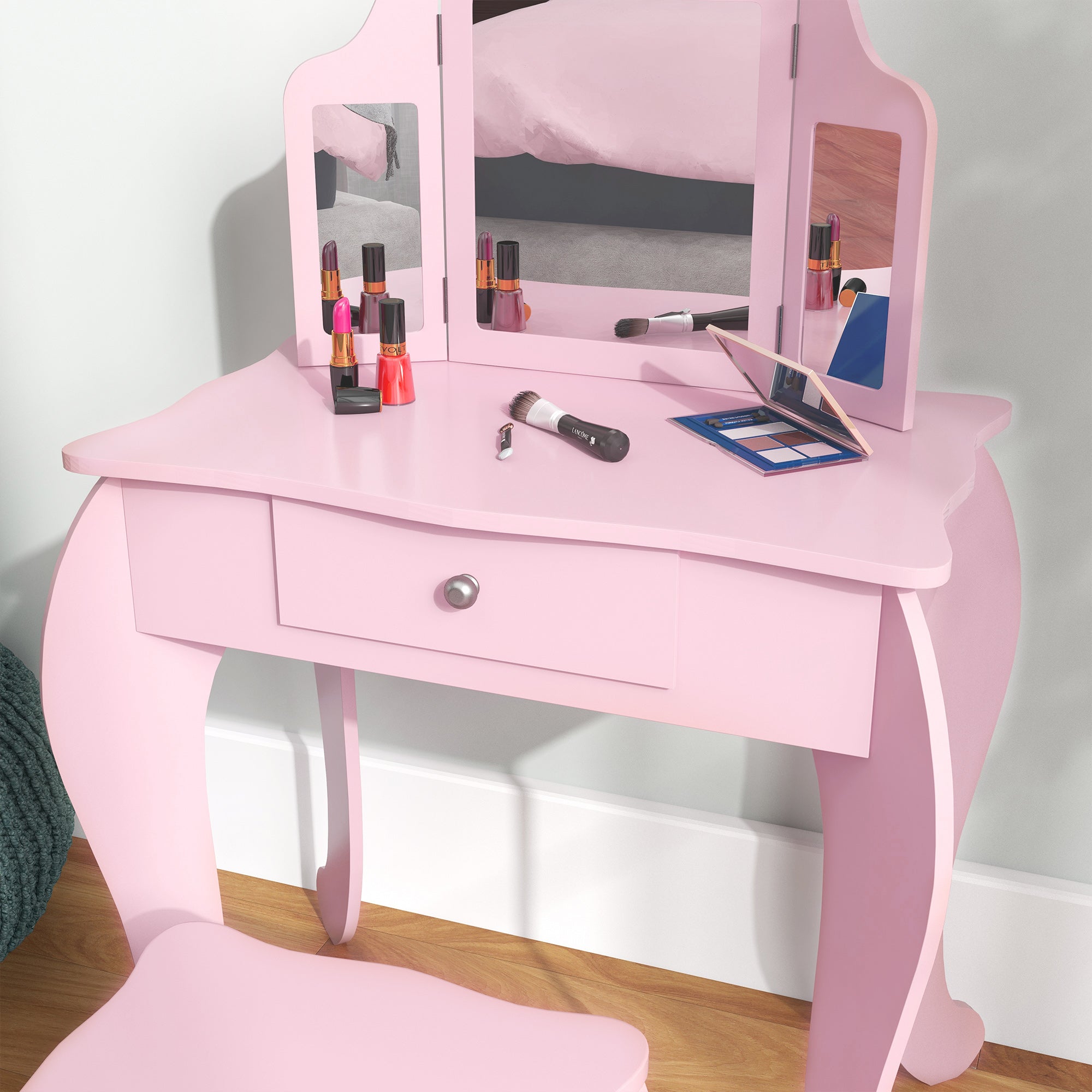 HOMCOM Kids Vanity Table and Chair Set with Tri-Folding Mirror and Stool, Makeup Dressing Table with Drawer, Pink