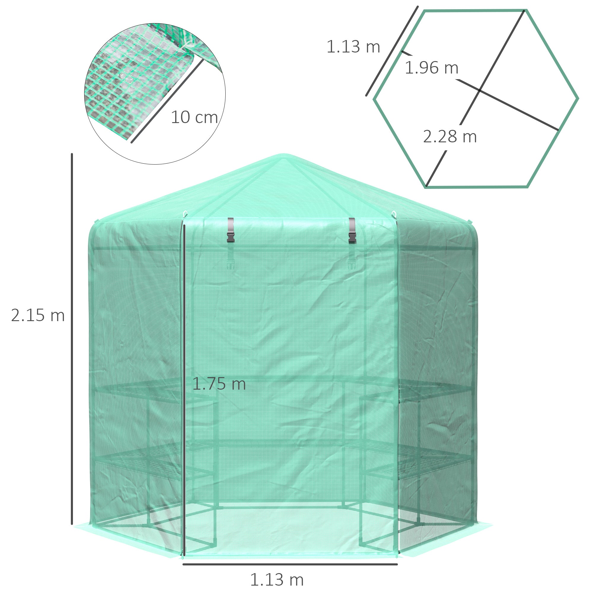 Outsunny Hexagon Walk In Greenhouse with Shelves, Outdoor Green House Grow House with Waterproof PE Cover and Roll-up Door, 228 x 196 x 215 cm, Green 