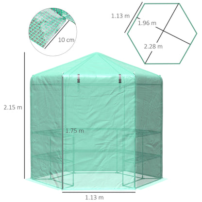 Outsunny Hexagon Walk In Greenhouse with Shelves, Outdoor Green House Grow House with Waterproof PE Cover and Roll-up Door, 228 x 196 x 215 cm, Green 
