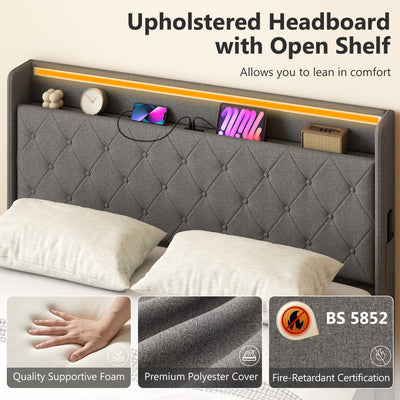 HOMCOM 5ft King Bed Frame with Headboard, Platform Bed Frame with Hydraulic Storage, LED Lights and Charging Station, Grey 