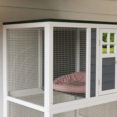 PawHut Wooden Catio Cat Outdoor Enclosure, Cat Cage with Waterproof Roof, Platforms, for Multiple Cats, White 