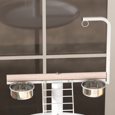 PawHut Bird Stand with Four Wheels, Perches, Stainless Steel Feed Bowls, Round Tray, for Garden, Indoor, Outdoor - White 