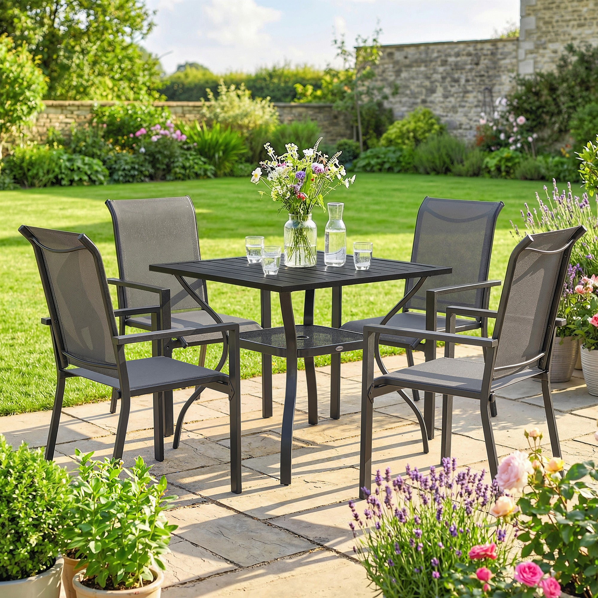 Outsunny 5 Pieces Outdoor Dining Set for 4, Garden Table and Stackable Chairs with Breathable Mesh Seat and Parasol Hole, Grey 