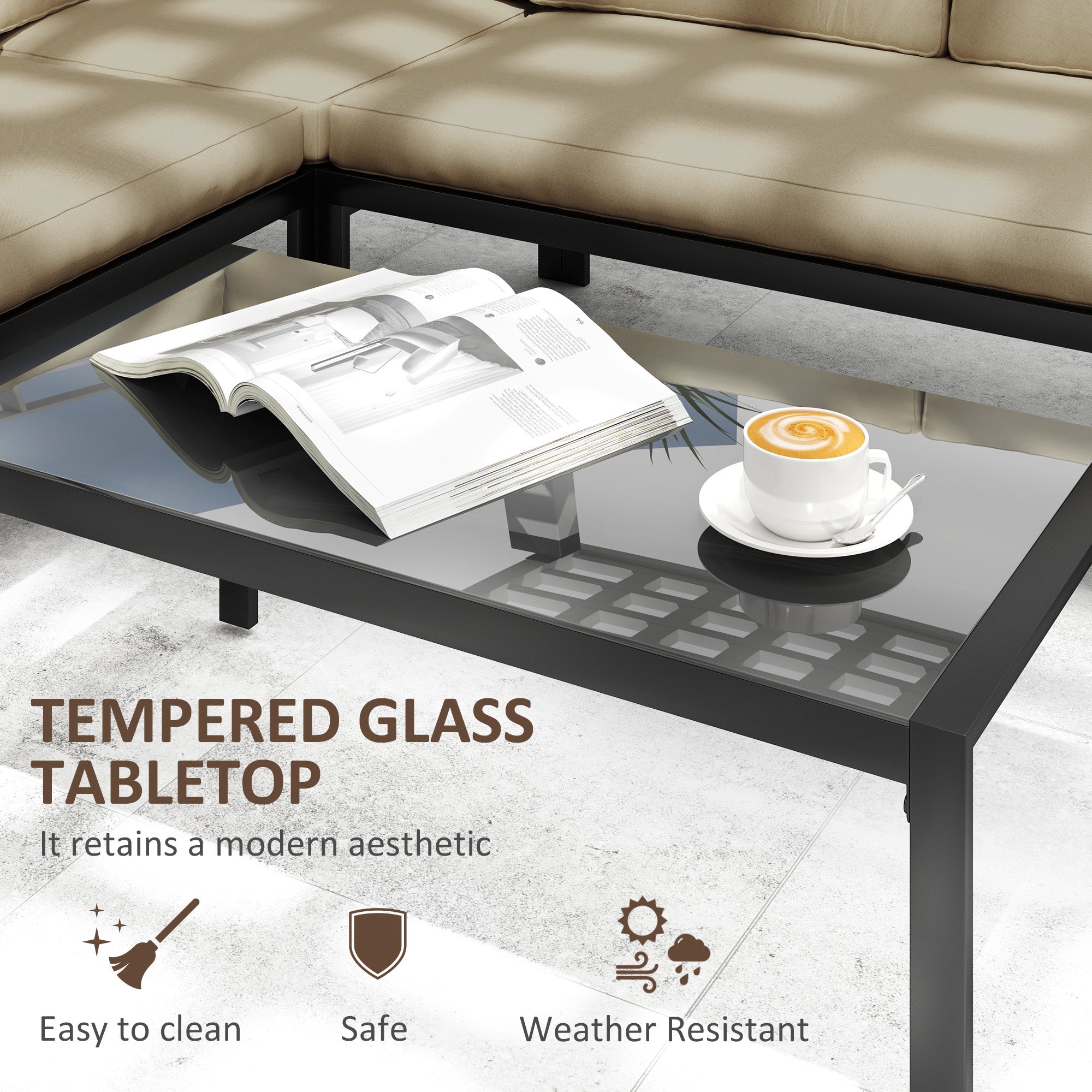 Outsunny 5 Seater Garden Corner Sofa Set, 4 Pieces Metal Garden Furniture Set with Loveseats, Glass Top Coffee Table, Breathable Mesh Pocket, Outdoor Conversation Furniture with Cushions, Khaki 