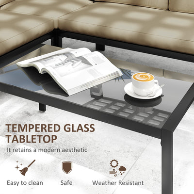 Outsunny 5 Seater Garden Corner Sofa Set, 4 Pieces Metal Garden Furniture Set with Loveseats, Glass Top Coffee Table, Breathable Mesh Pocket, Outdoor Conversation Furniture with Cushions, Khaki 