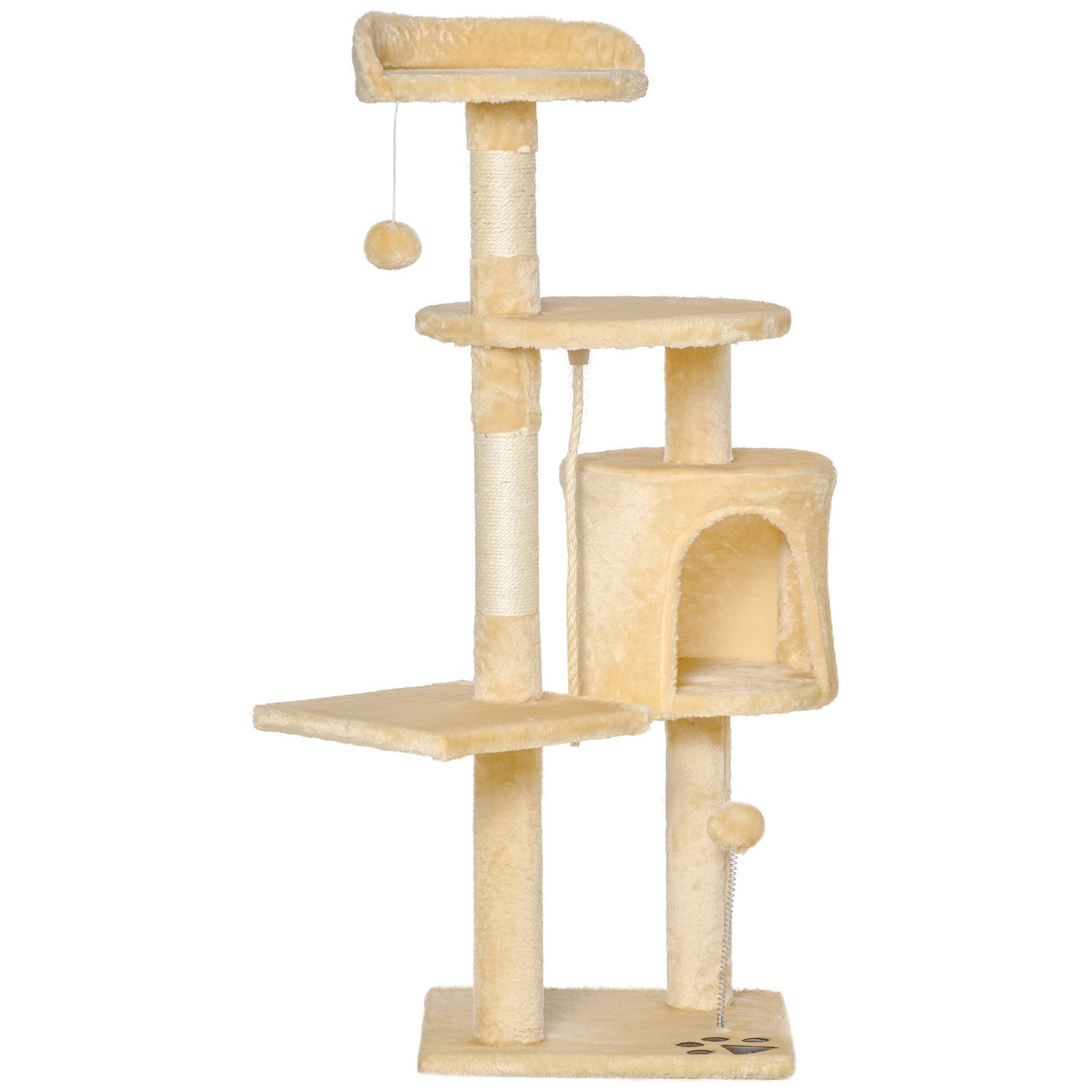 PawHut Cat Tree for Indoor Cats Pet Activity Centre Kitty Condo Climbing Scratching Post with Toys 4-tier 114cm Tall Beige 