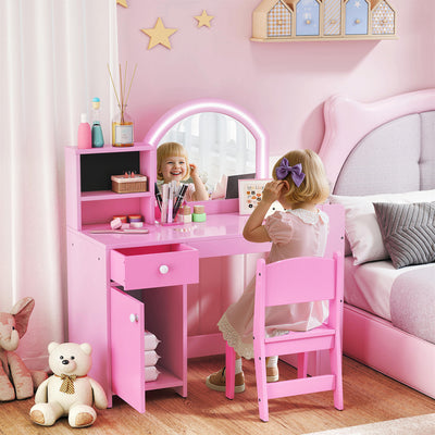 AIYAPLAY Kids Vanity Table and Chair Set, Girls Dressing Table with 2-Colour LED Mirror, Stool, Cabinet, Drawer, Shelves, Pink 