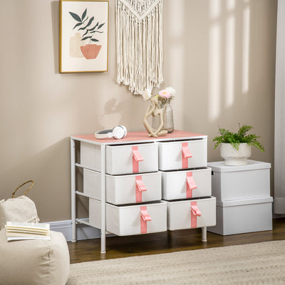 HOMCOM Chest of Drawers, Cloth Organizer Unit with 6 Fabric Drawers, Metal Frame and Wooden Top, Storage Cabinet for Kids Room, Living Room, Closet, Hallway, Pink 