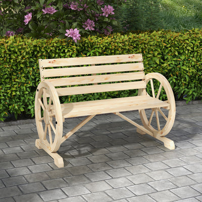 Outsunny Wagon Wheel Chair Bench Armrest Rustic Loveseat Wood Outdoor Garden, Natural 