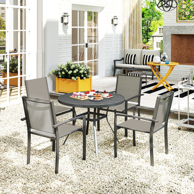 Outsunny 5 Piece Garden Furniture Set, Garden Dining Set with Round Table and 4 Stackable Chairs, Steel Frame, for Outdoor, Patio, Terraces, Dark Grey 